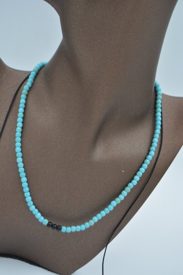 STONEAGE JEWELLERY Turkuaz ve Oniks Taşlı Metalsiz Kolye - Resim 4