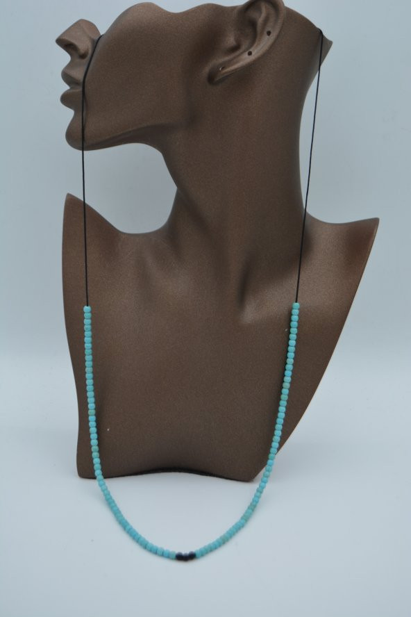 STONEAGE JEWELLERY Turkuaz ve Oniks Taşlı Metalsiz Kolye - Resim 5