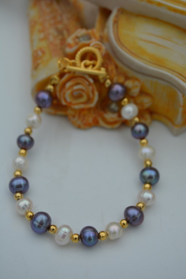 STONEAGE JEWELLERY Beyaz ve Siyah İnci Doğal Taşlı Bilek ürün görseli