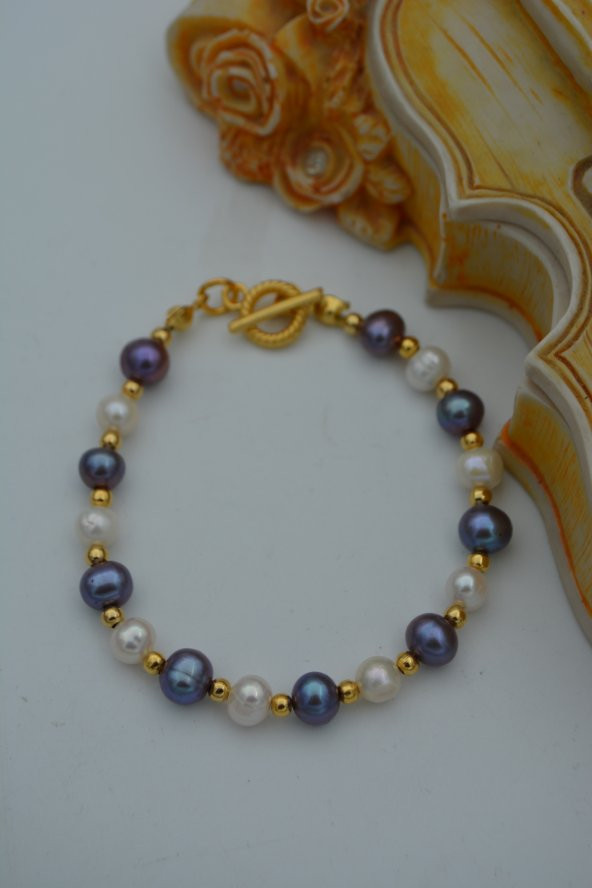 STONEAGE JEWELLERY Beyaz ve Siyah İnci Doğal Taşlı Bilek - Resim 2