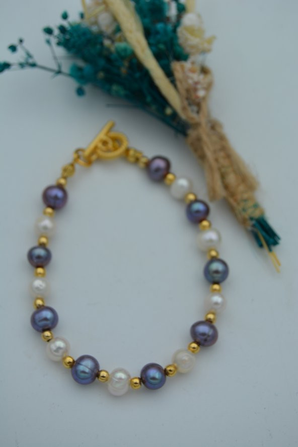 STONEAGE JEWELLERY Beyaz ve Siyah İnci Doğal Taşlı Bilek - Resim 3