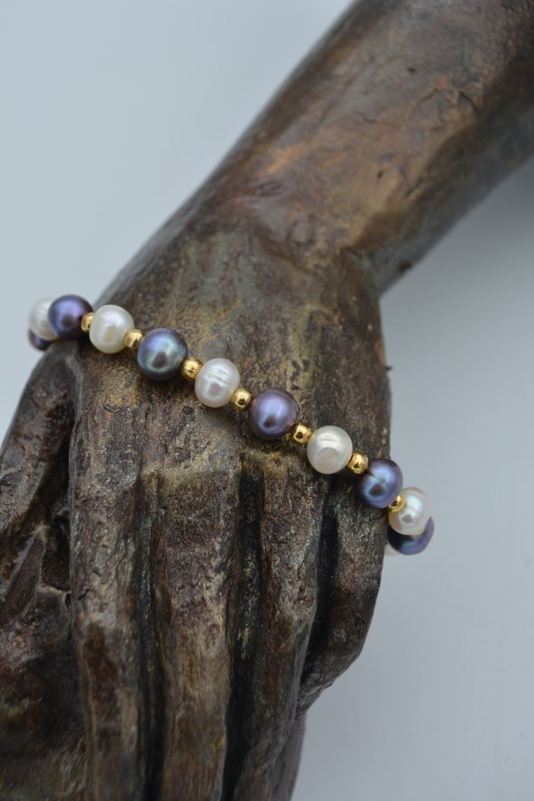 STONEAGE JEWELLERY Beyaz ve Siyah İnci Doğal Taşlı Bilek - Resim 7