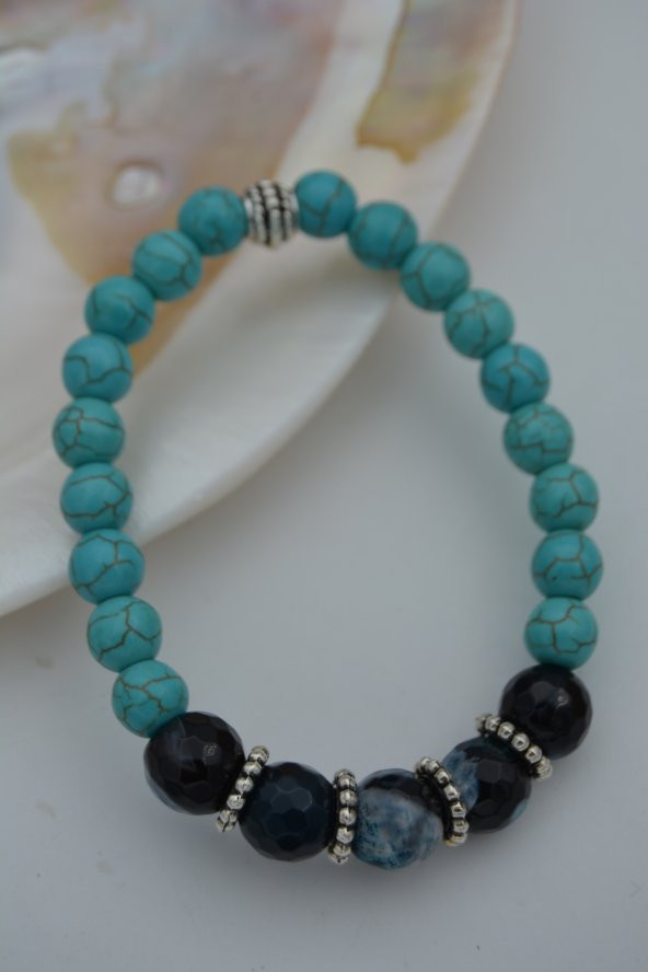 STONEAGE Turkuaz Taşlı ve Dantelli Akik Taşlı Bileklik ürün görseli