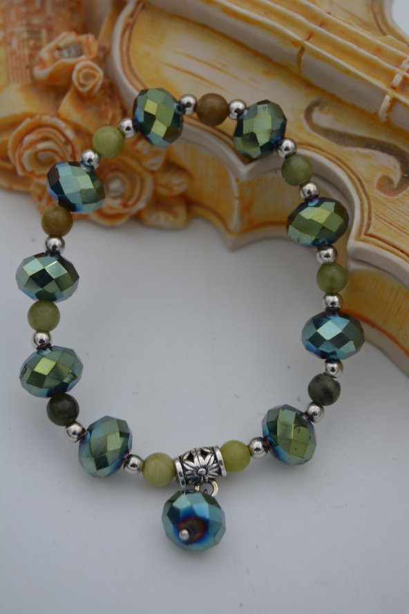 STONEAGE JEWELLERY Yeşim Taşlı ve Çek Kristalli Bileklik - Resim 3