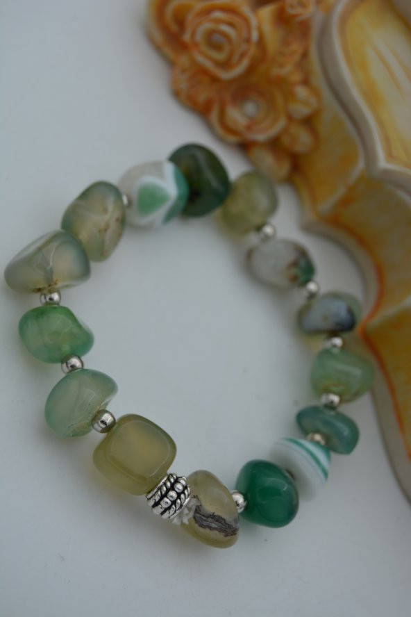 STONEAGE JEWELLERY Kırma Tamburlanmış Yeşil Akik Taşlı Bileklik - 4