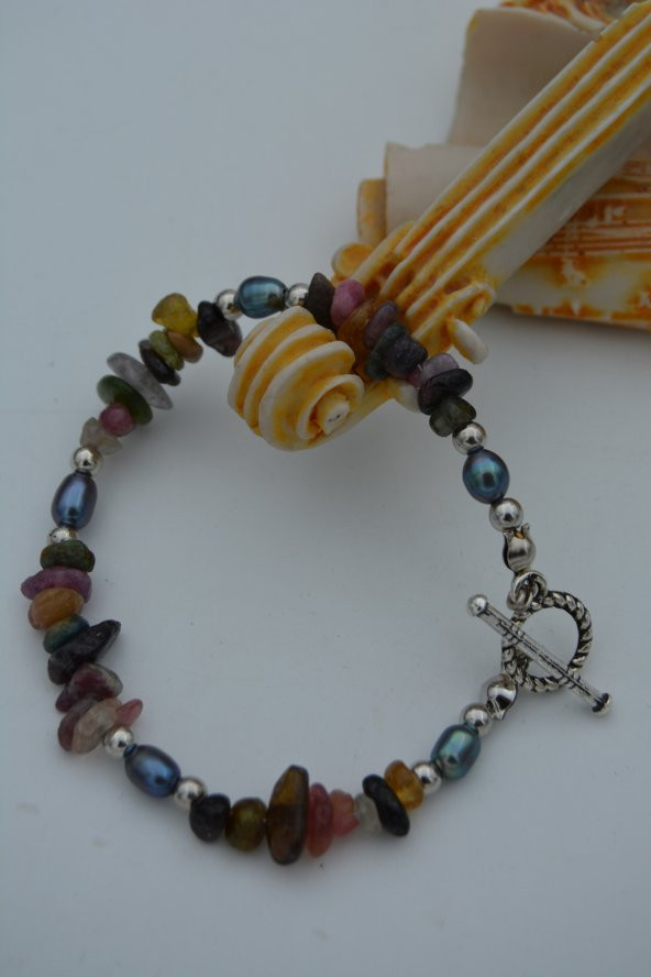 STONEAGE JEWELLERY Turmalin ve Siyah Arpa İncili Doğal Taş Bileklik - Resim 2