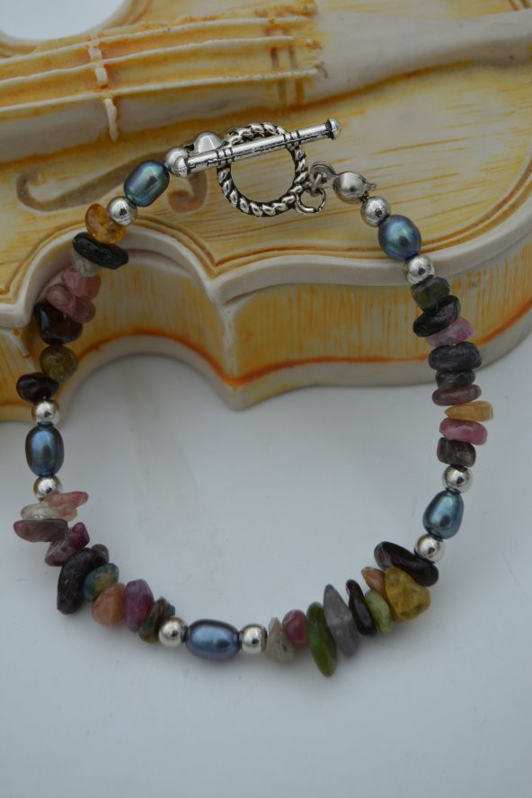 STONEAGE JEWELLERY Turmalin ve Siyah Arpa İncili Doğal Taş Bileklik - Resim 4