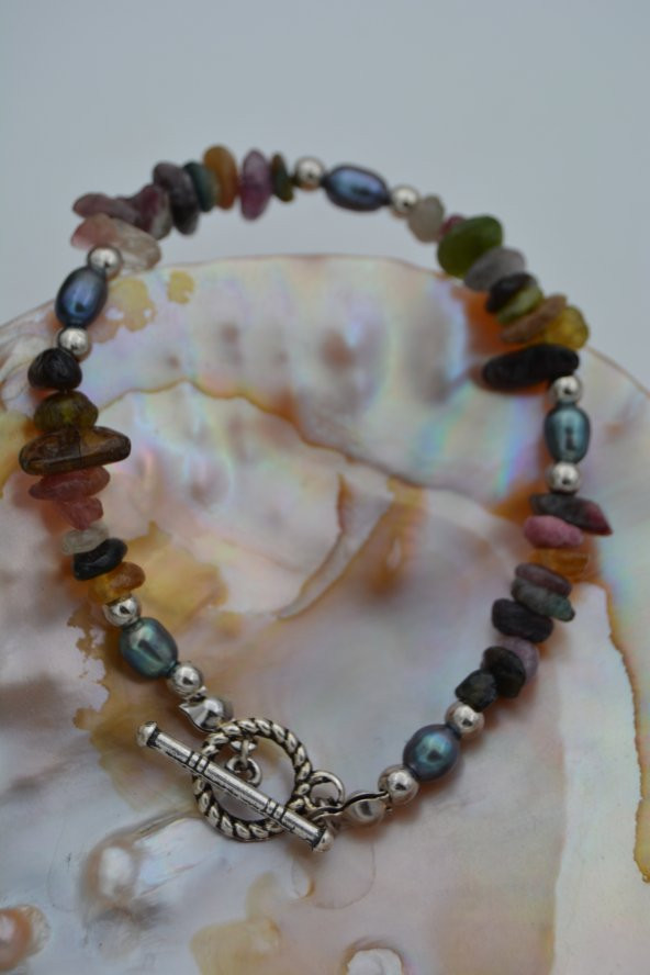 STONEAGE JEWELLERY Turmalin ve Siyah Arpa İncili Doğal Taş Bileklik - Resim 7