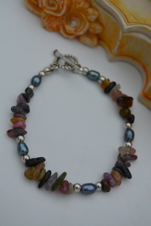 STONEAGE JEWELLERY Turmalin ve Siyah Arpa İncili Doğal Taş Bileklik - Resim 9