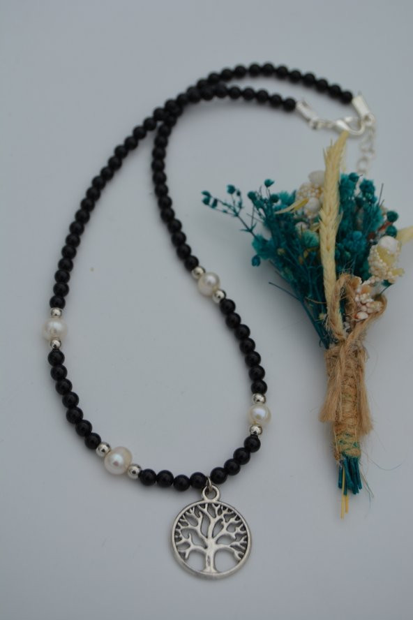 STONEAGE Oniks ve İnci Doğal Taşlı Bayan Kolye - Resim 3