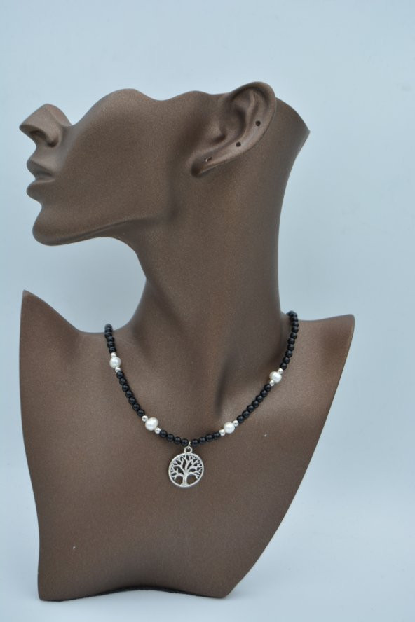 STONEAGE Oniks ve İnci Doğal Taşlı Bayan Kolye - Resim 4