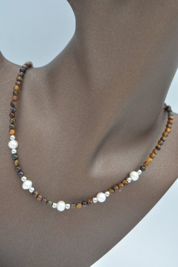 STONEAGE Kaplan Gözü ve İnci Taşlı Bayan Kolye - Resim 2