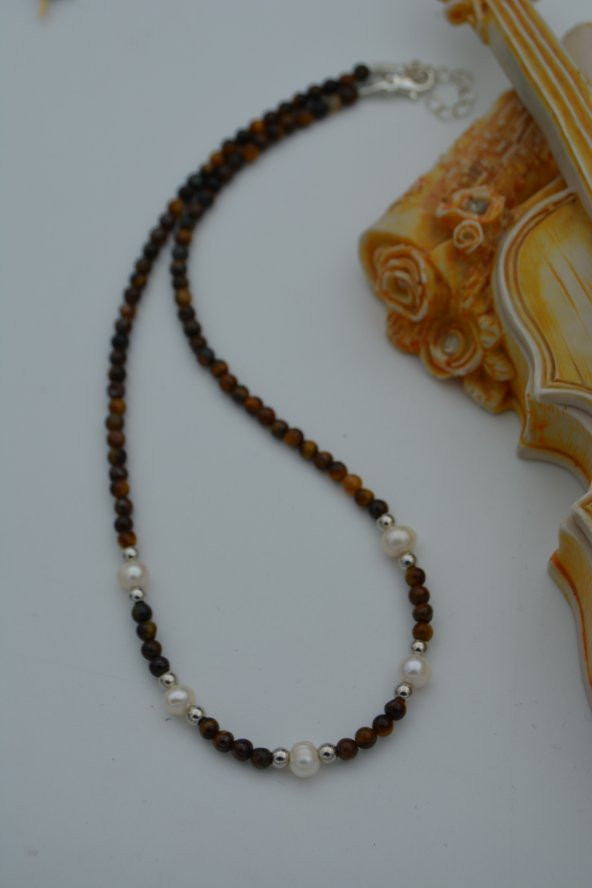 STONEAGE Kaplan Gözü ve İnci Taşlı Bayan Kolye - Resim 5