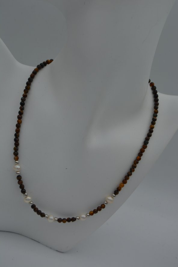 STONEAGE Kaplan Gözü ve İnci Taşlı Bayan Kolye - Resim 7