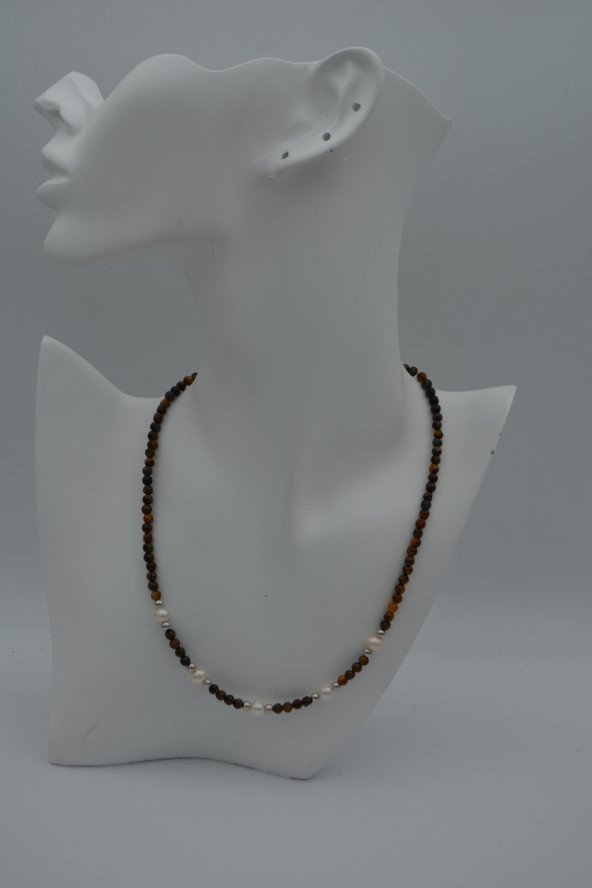 STONEAGE Kaplan Gözü ve İnci Taşlı Bayan Kolye - Resim 8