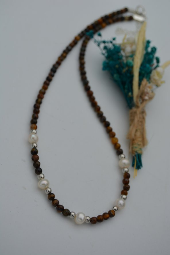 STONEAGE Kaplan Gözü ve İnci Taşlı Bayan Kolye - Resim 9