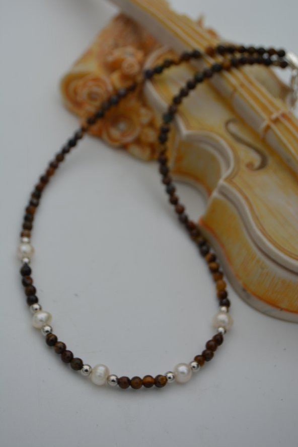 STONEAGE Kaplan Gözü ve İnci Taşlı Bayan Kolye - Resim 10