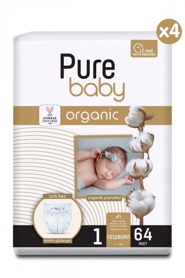 Pure Baby Organik Pamuklu Cırtlı Bez 1 Numara Yenidogan 256 Adet