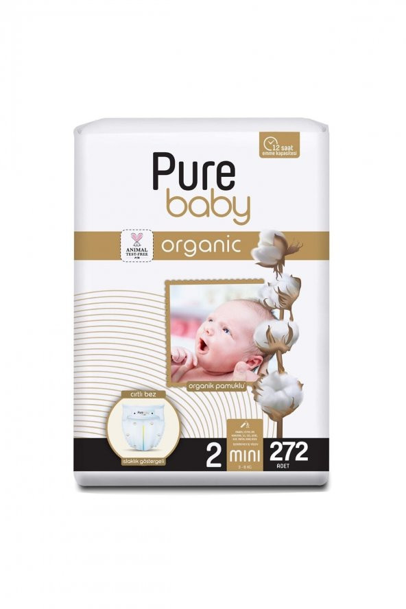 Pure Baby Organik Pamuklu Cırtlı Bez 2 Numara Mini 272 Adet