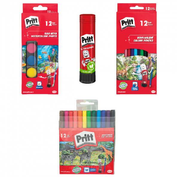 Pritt Boyama Seti (12 li Sulu Boya+ 12 li Kuru Boya+ 12 li Keçeli Kalem Boya + Pritt Yapıştırıcı)