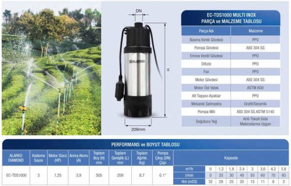 Alarko Diamond EC-TDS1000 - 1,25 HP - 220 V Multi İnox Dalgıç Pompa - 6