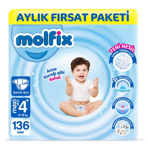 Molfix Bebek Bezi 4+ Beden Maxi Plus Aylık Fırsat Paketi 136 Adet