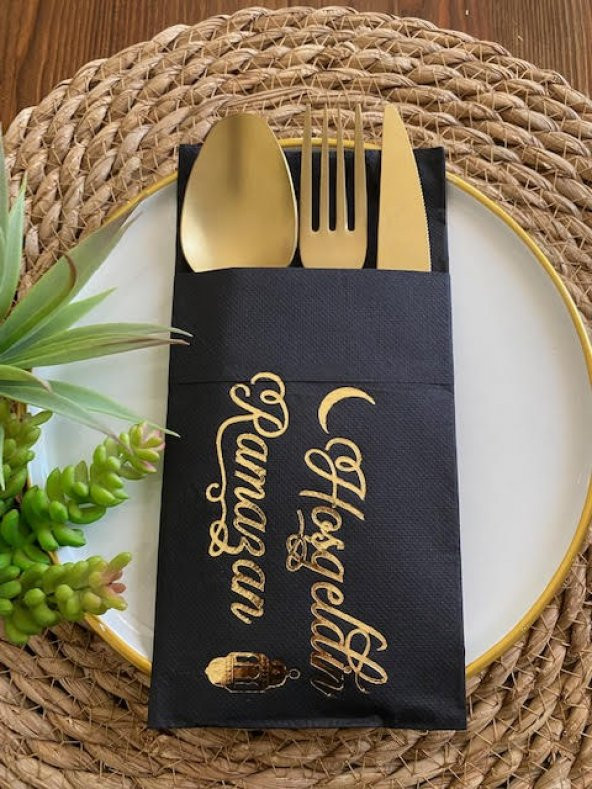 Gold Yaldızlı Siyah Hoş Geldin Ramazan Cepli Peçete 12 lı 40x40 ürün görseli 1