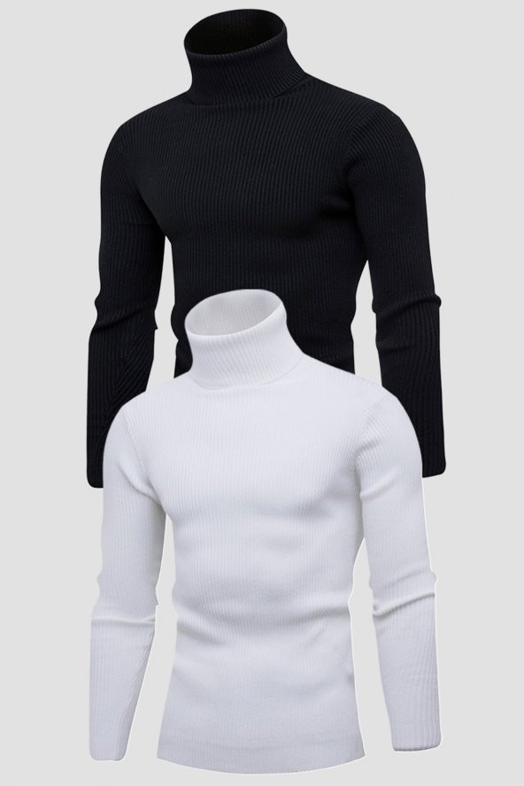 Unisex 2’li Hazır Paket Siyah - Beyaz Balıkçı Yaka Kaşkorse Şardonlu Slimfit Boğazlı Kazak