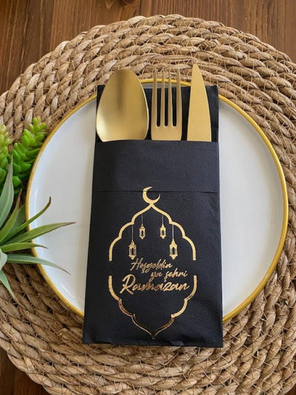 Gold Yaldızlı Siyah Hoş Geldin Ya Şehri Ramazan Cepli Peçete 12 li Yeni Model ürün görseli 1