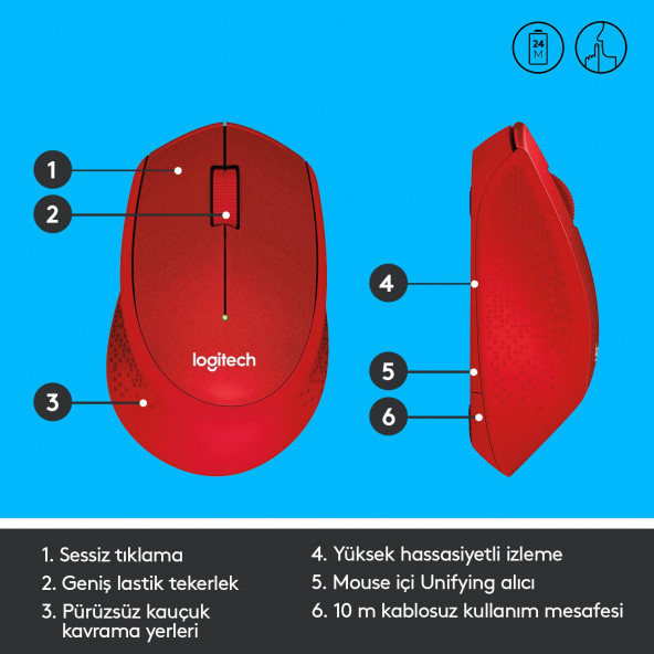 Logitech M330 Sessiz Kablosuz Optik Mouse - Kırmızı 910-004911 - 6