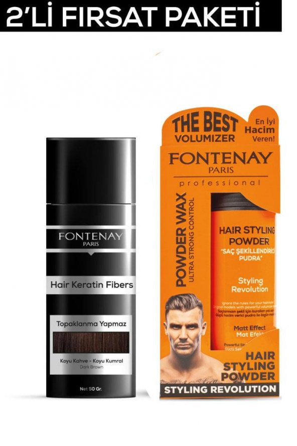 Fontenay Saç Dolgunlaştırıcı KeratinFibers Koyu Kahve Topik Saç Tozu 50gr+Ultra Strong Toz Wax 2Li Set