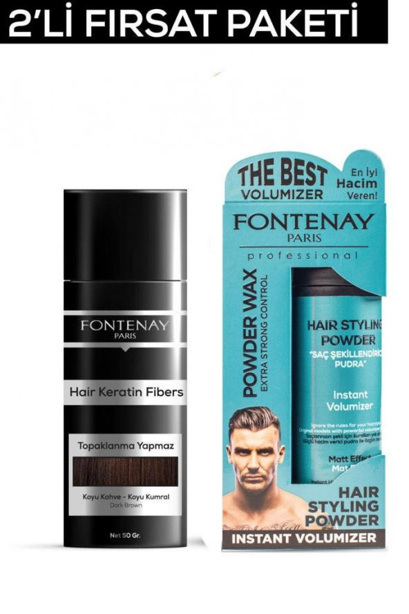 Fontenay Saç Dolgunlaştırıcı KeratinFibers Koyu Kahve Topik Saç Tozu 50gr+Matt Effect Toz Wax 2Li Set