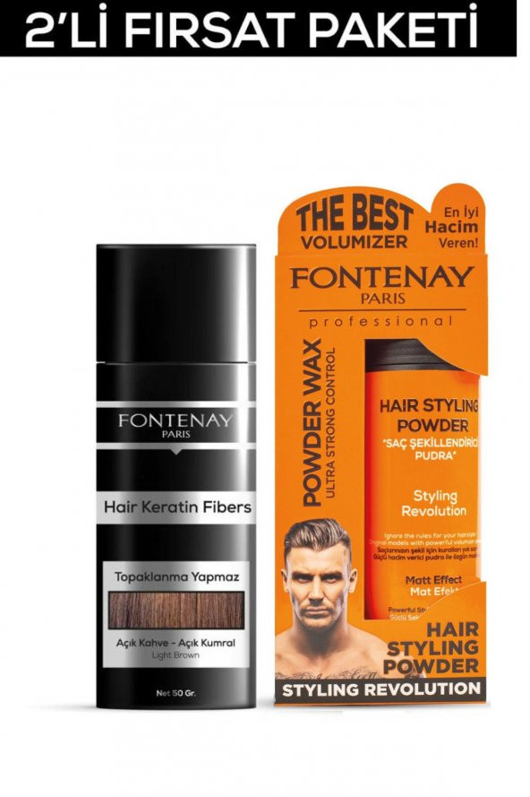 Fontenay Saç Dolgunlaştırıcı KeratinFibers Açık Kahve Topik Saç Tozu 50gr+Ultra Strong Toz Wax 2Li Set