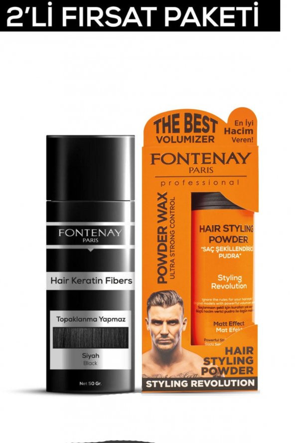 Fontenay Saç Dolgunlaştırıcı KeratinFibers Siyah Topik Saç Tozu 50gr+Ultra Strong Toz Wax 2Li Set