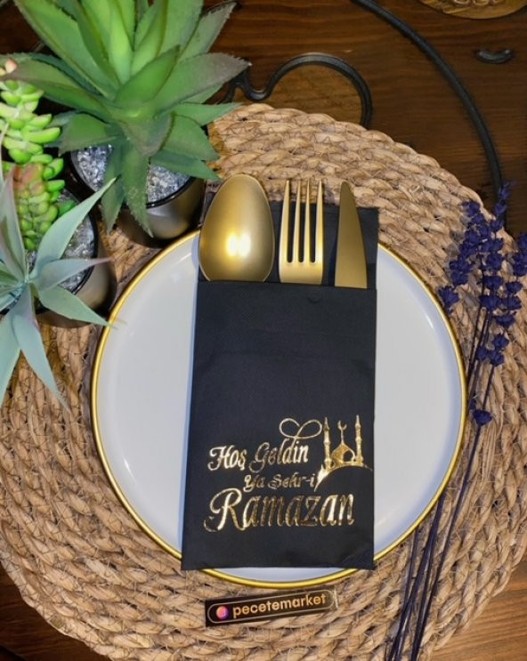 Gold Yaldızlı Siyah Hoş Geldin Ya Şehri Ramazan Cepli Peçete 12 lı 40x40