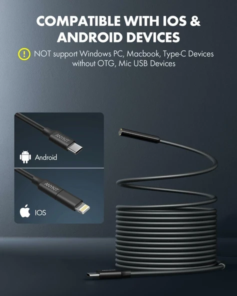 Anykit Endoskop Kamera, 2'si 1 arada USB Muayene Kamerası - 3m Kablo - 3