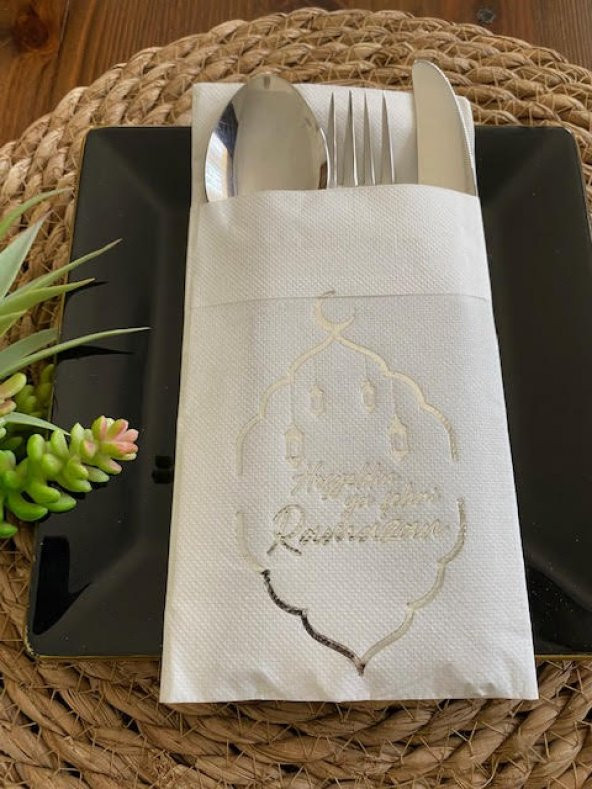 Gümüş Yaldızlı Beyaz Hoş Geldin Ya Şehri Ramazan Cepli Touch Peçete 12 li Yeni Model ürün görseli 1