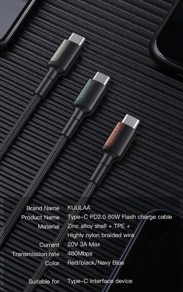 KUULA Type C Type-C PD 60W QC4.0 Hızlı Şarj ve Data Kablosu 2Metre - 6