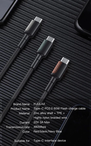 KUULA Type C Type-C PD 60W QC4.0 Hızlı Şarj ve Data Kablosu 1Metre - 6