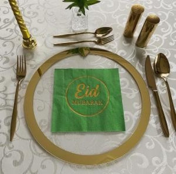 Gold Yaldızlı Yeşil Eid Mubarak Ramazan Peçete 33x33