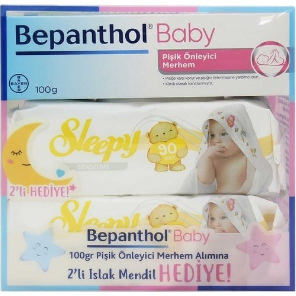 Bepanthol Baby Pişik Önleyici Merhem 100 gr + 2 Paket Sleepy Sensitive Islak Havlu 90lı Armağan