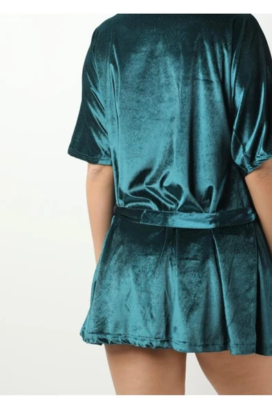 Sistina Bayan Petrol Yeşili Kadife Sabahlıklı Şortlu Takım 1397 - Resim 11