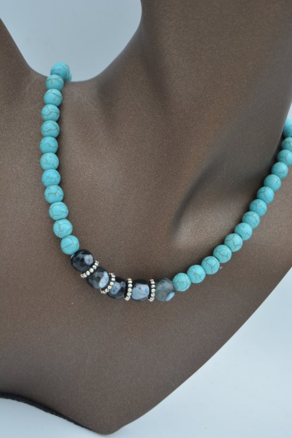 STONEAGE Turkuaz ve Dantelli Akik Doğal Taş Bayan Kolye - Resim 2