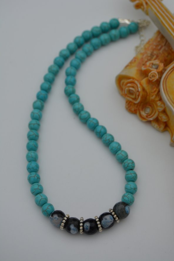 STONEAGE Turkuaz ve Dantelli Akik Doğal Taş Bayan Kolye - Resim 4