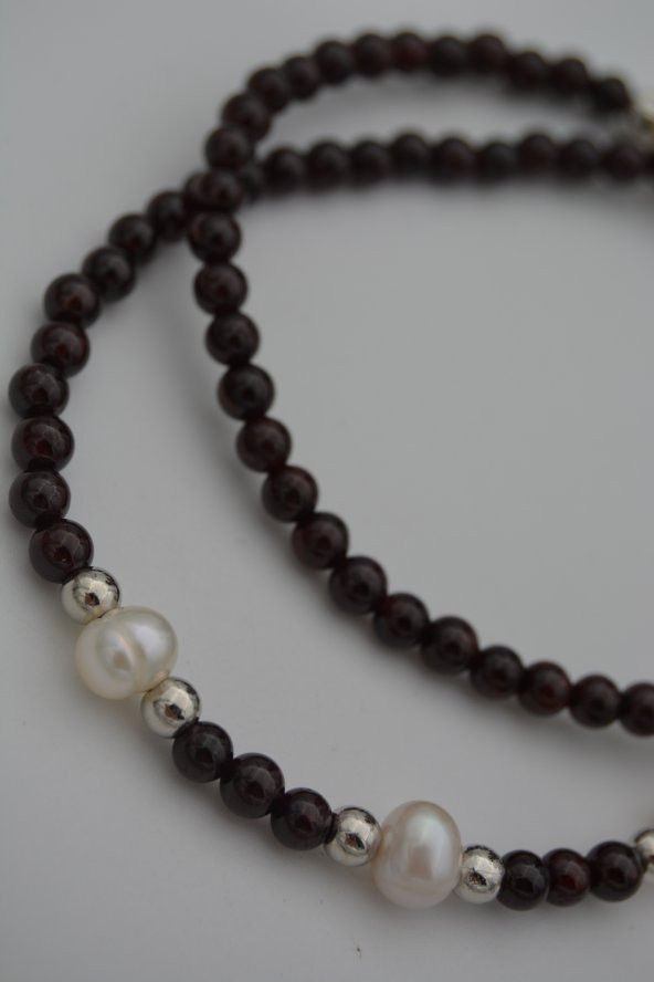 STONEAGE Lal Garnet ve İnci Taşlı Bayan Kolye - Resim 3