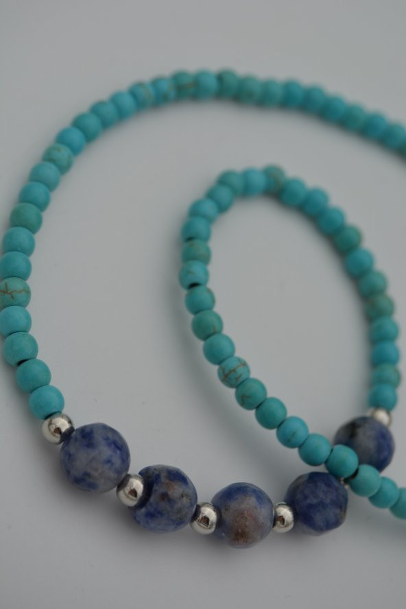 STONEAGE Turkuaz ve Sodalit Doğal Taşlı Bayan Kolye - Resim 2