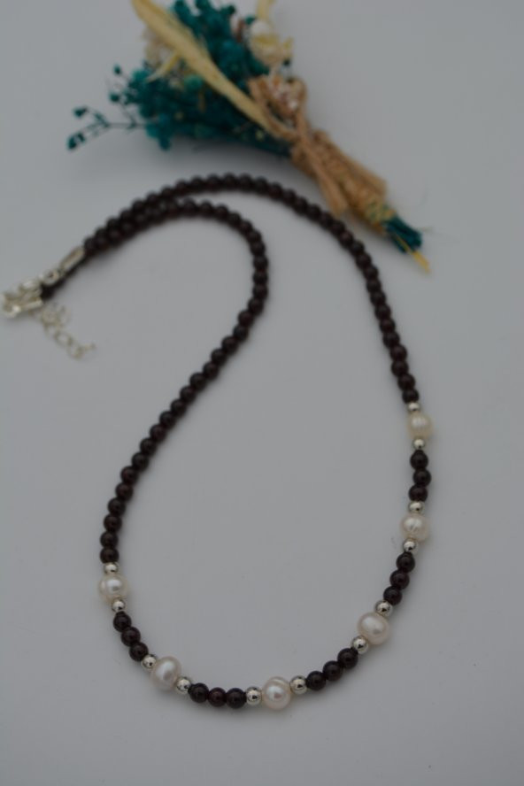 STONEAGE Lal Garnet ve İnci Taşlı Bayan Kolye - Resim 4