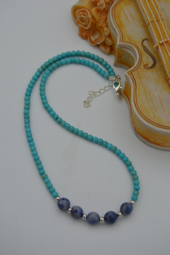 STONEAGE Turkuaz ve Sodalit Doğal Taşlı Bayan Kolye - Resim 3