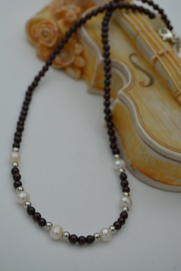 STONEAGE Lal Garnet ve İnci Taşlı Bayan Kolye - Resim 5