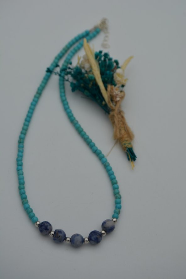 STONEAGE Turkuaz ve Sodalit Doğal Taşlı Bayan Kolye - Resim 5